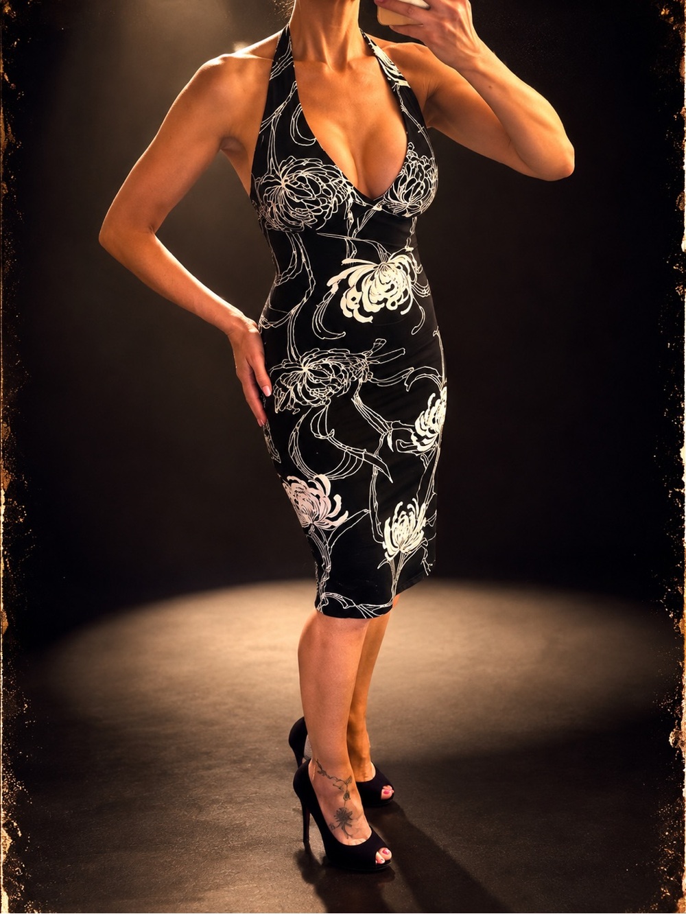 Vintage Y2K Heart Moon Star Black White Floral Halter Midi Dress XS